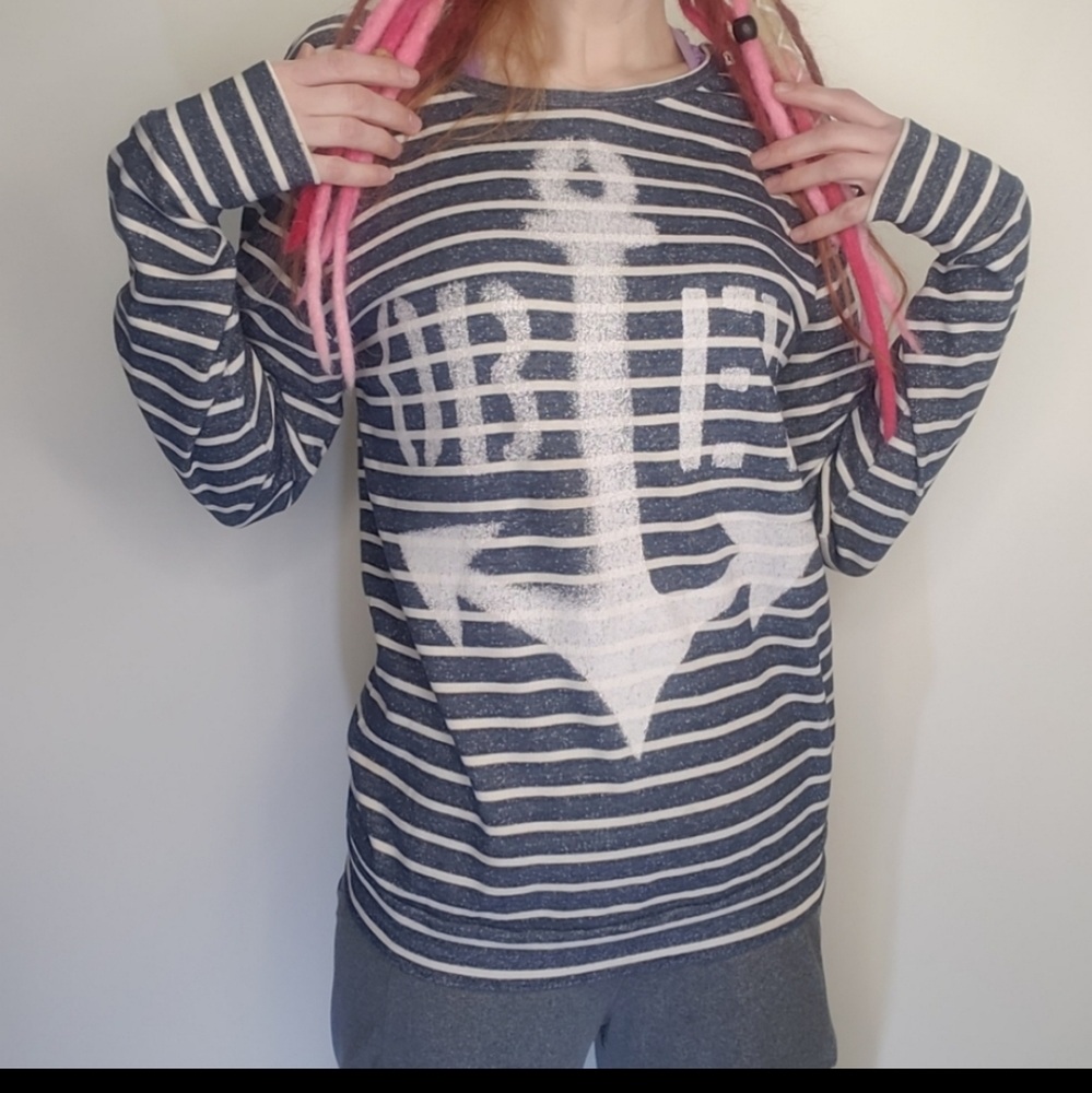 Obey Top Womens Long Sleeve Shirt Striped Blue Anchor Medium Spray Paint NEW - Picture 8 of 10